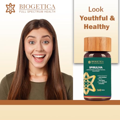 Biogetica Organic Spirulina Pills with Astaxanthin - Non-GMO, Rich in Vegan Protein, Vitamins & Prebiotics - 100% Vegan Ayurveda Supplement - 160 Tablets