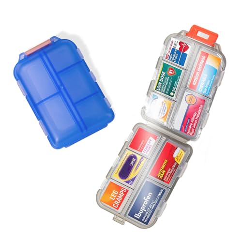 DIY Pocket Pharmacy with Medicine Labels Travel Daily Pill Container Mini Medication Organizer Storage Pill Organizer Travel Essentials Pill Case 7 Day Pill Organizer(Blue & 146 Lables)