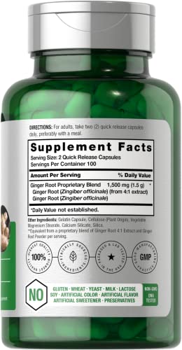 Ginger Root Capsules 1500 mg | 200 Pills | DNA Tested, Non-GMO, Gluten Free | Ginger Root Extract | by Horbaach