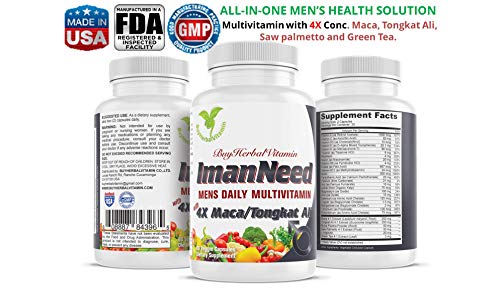 ImanNeed, All-in-One Men's Multivitamin with 4X Maca/Tongkat Ali (60 Veggie Capsules with 4X Maca, 4X Tongkat Ali, 4X Saw Palmetto, 4X Green Tea, L-Arginine, Muira Puama and Multivitamin)