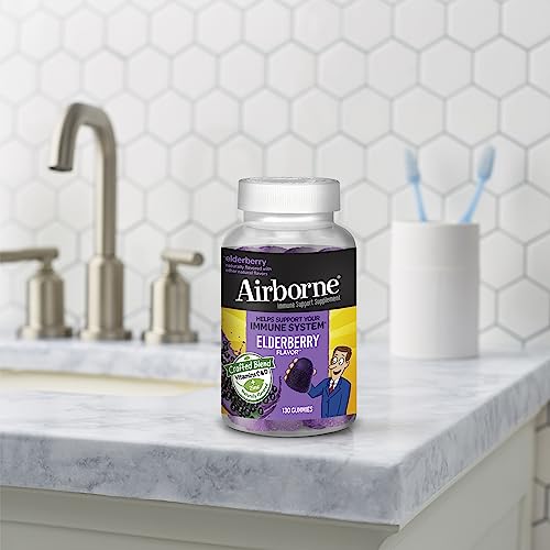 Airborne Elderberry + Zinc & Vitamin C Gummies For Adults, Immune Support Vitamin D & Zinc Gummies with Powerful Antioxidant Vitamins C D & E - 130 Gummies, Elderberry Flavor