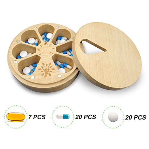 Wood Weekly Pill Organizer for Medicine Vitamin,Arthritis Friendly 7-Day Pill Box Medium Compartments Holder,Daily Portable Travel Pill Case with Velvet Bag