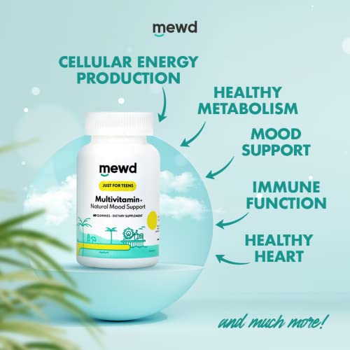 MEWD Teen and Kids Daily Multivitamin Gummy with Natural Mood Enhancer,Vegan,Immune System Booster Supplement,Kids Vitamin with Iron,Zinc,Gluten Free-Focus Vitamin for Kids-Brain Health-Made in USA