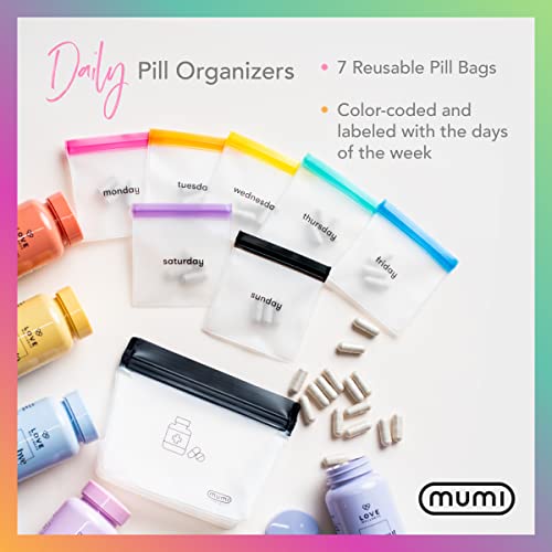 mumi Pill Pouch Set, 7 Mini Zip Pill Organizers, Large Reusable Travel Pill Container, Color-Coded Medicine Bags, Organize Pills & Small Items