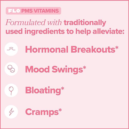 FLO PMS Vitamins for Women, 30 Servings (Pack of 1) - Proactive PMS Relief - Targets Hormonal Breakouts, Bloating, Cramps, & Mood Swings with Chasteberry, Vitamin B6, & Lemon Balm