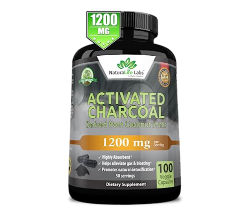 Activated Charcoal Capsules - 1,200 mg Highly Absorbent Helps Alleviate Gas & Bloating Promotes Natural detoxification Derived from Coconut Shells - per Serving - 100 Vegan Capsules