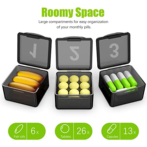 Monthly Pill Organizer Once a Day - 30 Day Pill Organizer Box - Easy to Open - Large Compartments Portable Case for Travel, Month Pill Cases Medicine Organizer for Vitamin (Black-32 Compartments)