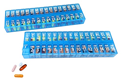 Twice-a-Day Monthly Pill Box Planner Set - AM & PM Medication Organizer for 31 Days! Set Contains 2 Organizers for One Month. (Blue - 31 Day AM/PM -1 Pack)