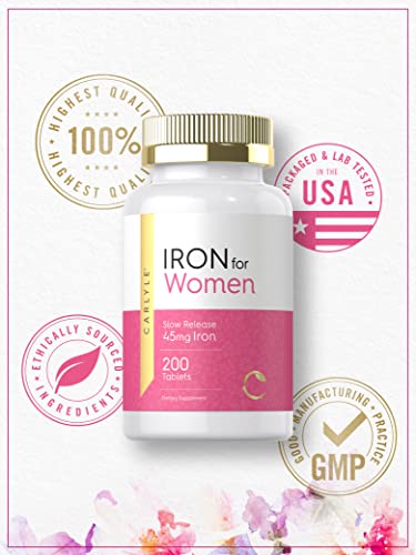 Iron Supplement for Women | 45mg | 200 Slow Release Tablets | Vegetarian, Non-GMO, & Gluten Free | by Carlyle