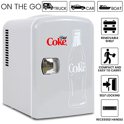 Coca-Cola Diet Coke DC04 4 Liter/4.2 Quarts 6 Can Portable Mini Cooler/Fridge, Beverages, Baby Food, Skincare and Medications-Use at Home, Office, Dorm, Car, RV or Boat-with AC & DC Plugs, Gray