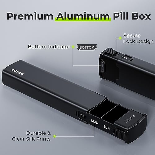 AUVON Aluminum Alloy Weekly Pill Organizer with Slide Design, Travel Pill Box 7 Day for Privacy Protection, Stylish Metal Pill Case with Large Compartment for Supplements, Vitamins, Fish Oil