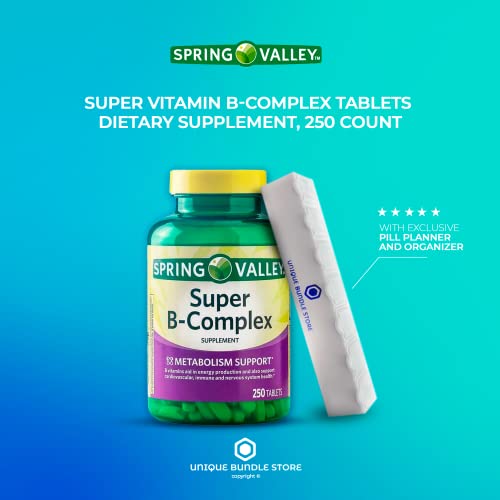 Spring Valley, Super Vitamin B Complex Tablets Dietary Supplement, B Complex - 250 Count + 7 Day Pill Organizer Included (Pack of 1)