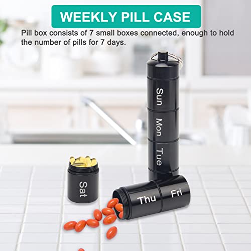 Small Portable Pill Case Keychain for Travel, AngleKai 2 Pack Pill Organizer Aluminium Alloy Small Pill Box Waterproof Pill Container Medicine Bottle Organizer Weekly (Black and Silver)