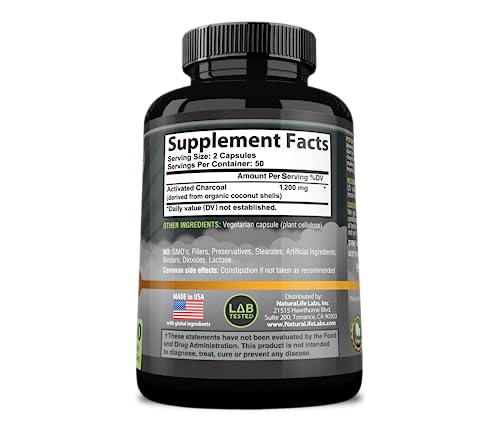 Activated Charcoal Capsules - 1,200 mg Highly Absorbent Helps Alleviate Gas & Bloating Promotes Natural detoxification Derived from Coconut Shells - per Serving - 100 Vegan Capsules