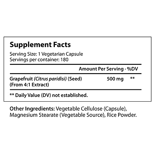 Grapefruit Seed Extract 500mg 180 Vegetarian Capsules | Made in USA | GSE Potent Immune Vitamin & Overall Health Supplement | Non GMO Gluten Free Pill