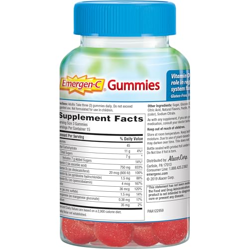 Emergen-C Immune+ Immune Gummies, Vitamin D Plus 750 mg Vitamin C, Immune Support Dietary Supplement, Caffeine Free, Gluten Free, Raspberry Flavor - 45 Count