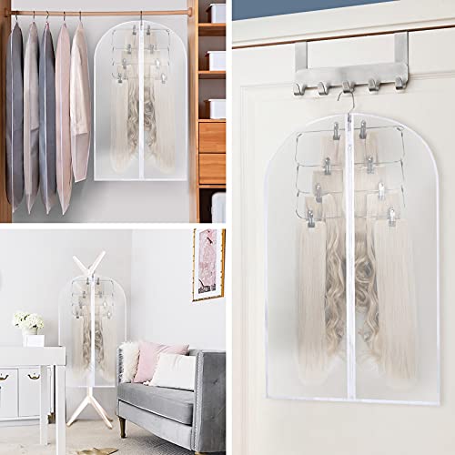 REECHO Hair Extensions Storage Set, Dust Garment Bags with Hanger and Flexible Clips, UP TO 15PCS Hair Extensions Storage Space Wig Bags Suitable for Wigs, Hairpieces