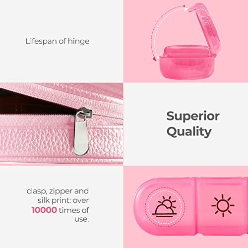 Cute Pill Organizer 3 Times a Day, AMOOS Large Daily Pill Case for Women, Portable Pill Box 7 Day for Purse with Bag & Zipper to Hold Vitamins, Medications, Fish Oils, Supplements (Pink)