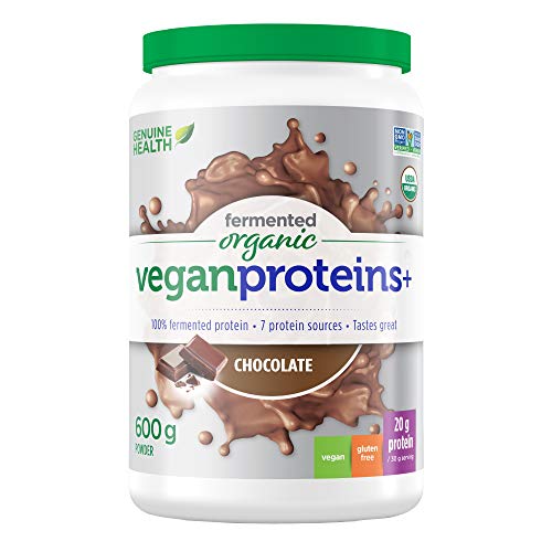 Genuine Health Fermented Organic Vegan Proteins+, Natural Chocolate Protein Powder, 20g Protein, 21.16 oz tub, 20 Servings