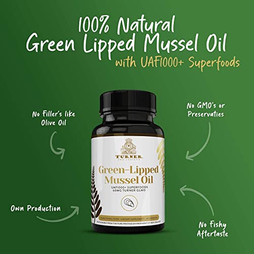 Turner Omega-3 New Zealand Green Lipped Mussel Oil, 53x Higher Potency with UAF1000+ Super Antioxidant for Superior Joint Comfort & Mobility, No Fishy Aftertaste, 1 Bottle, 60 Softgels