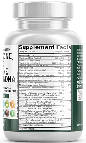 Selenium 300mcg Zinc 50mg Iodine 500mcg L Tyrosine 500mg Ashwagandha 6000mg - Thyroid Support Supplement for Women and Men with Bladderwrack, Turmeric, Kelp, Schisandra - 60 Capsules