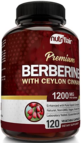 NutriFlair Premium Berberine HCL 1200mg, 120 Capsules - Plus Pure True Ceylon Cinnamon, Berberine HCI Root Supplements Pills - Supports Glucose Metabolism, Immune System, Healthy Weight Management