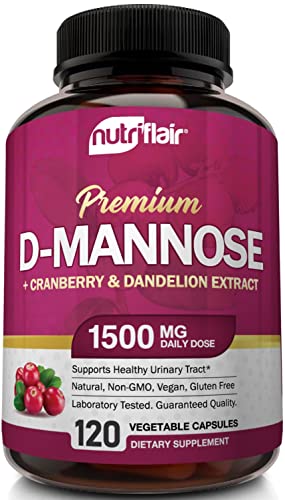 NutriFlair D-Mannose 1200mg, 120 Capsules - with Cranberry and Dandelion Extract - Natural Urinary Tract Health UTI Support - Best D Mannose Powder - Flush Impurities, Detox Body, for Women and Men