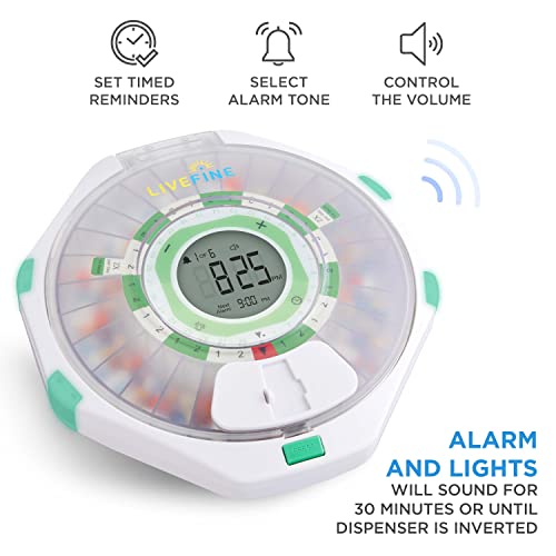 LiveFine 28-Day Automatic Pill Dispenser Frosted Lid with Upgraded LCD Display and Key Lock, Sound & Light for Prescriptions, Medication, Vitamins, Supplements & More