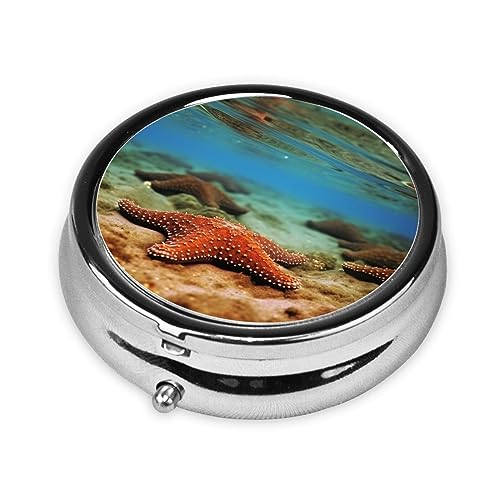 Ocean Starfish Print Round Pill Box 3 Compartment Medicine Pill Case Portable Pill Container for Daily Medicine Supplement Vitamin