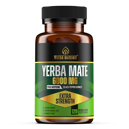 6000mg Extra Strength Yerba Mate High Potency, 60mg Caffeine Per Capsule, Extract Pills Supplements for Clean Energy, Focus, Nootropic, Made in USA - 120 Caps