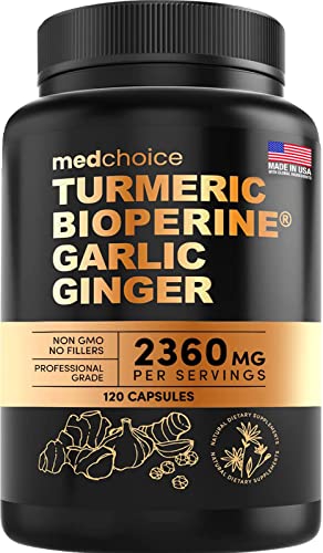 4-in-1 Turmeric and Ginger Supplement with Bioperine 2360 mg (120 ct) Turmeric Ginger Root Capsules with Garlic - Turmeric Curcumin with Black Pepper for Joint, Digestion & Immune Support (Pack of 1)