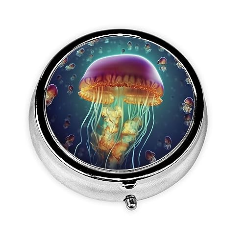 Round Pill Box Life Jellyfish Cute Small Pill Case 3 Compartment Pillbox for Purse Pocket Portable Pill Container Holder to Hold Vitamins Medication Fish Oil and Supplements