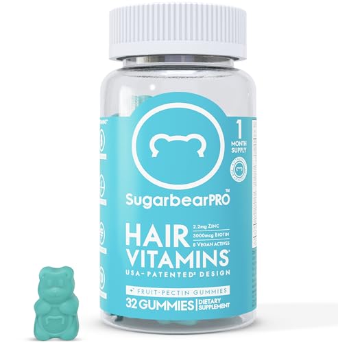 Sugarbear Hair Vitamins - Biotin, Zinc, Iodine, Vitamin C, E, Folic Acid, Inositol - Vegan Gummies for Hair and Nails, Supplement for Women & Men (1 Month Supply)