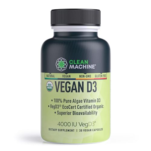 CLEAN MACHINE Certified Organic Vegan Plant Based Vitamin D3 4000 IU per Pill - Natural D3 Supplement for Optimal Health - 30 Vegan Capsules (USDA Certified Organic)