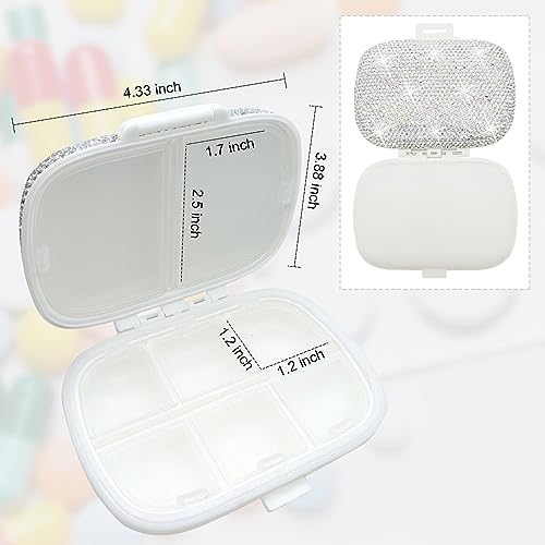 Owemtao Bling Pill Case for Purse Medicine Vitamin Container Holder Pocket Pill Case Round Medicine Organizer for Vitamin/Fish Oils/Supplement Travel Medicine Kit (8 Compartment Silver)