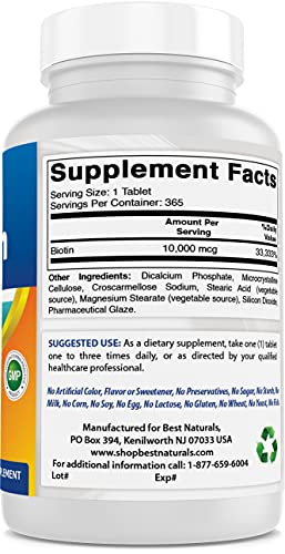 Best Naturals Biotin (Also Called Vitamin B7), 10,000 mcg 365 Tablets (365 Count (Pack of 1))