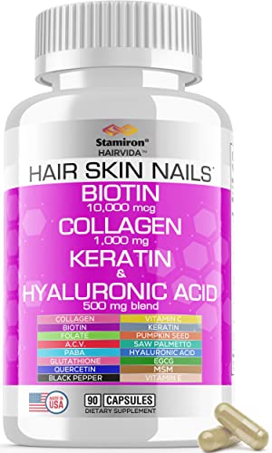 Stamiron Hair Skin and Nails Vitamins for Women with Biotin 10000mcg Collagen 1000mg Supplements Plus Keratin Hyaluronic Acid Saw Palmetto Bamboo Vitamin B & C for Hair Growth Nail & Skin - USA Made