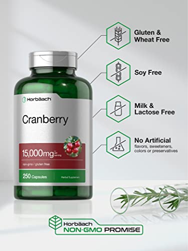 Cranberry Pills + Vitamin C | 15,000mg | 250 Capsules | Non-GMO and Gluten Free Supplement from Concentrate Extract | by Horbaach