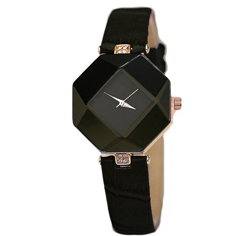 Elegant Gem Cut Geometry Crystal Leather Quartz Women's Watch