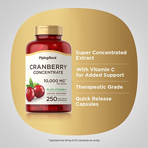 Piping Rock Cranberry Pills for Women | 10,000 mg | 250 Capsules | Concentrate Extract Plus Vitamin C | Non-GMO, Gluten Free Supplement