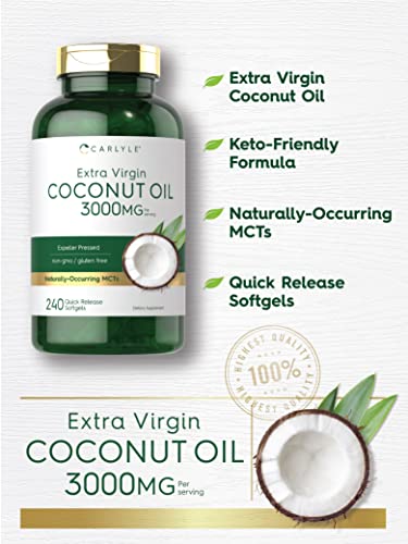 Carlyle Coconut Oil Extra Virgin Softgel Capsules | 3000 mg | 240 Count | Non-GMO and Gluten Free Supplement | Naturally Occurring MCTs