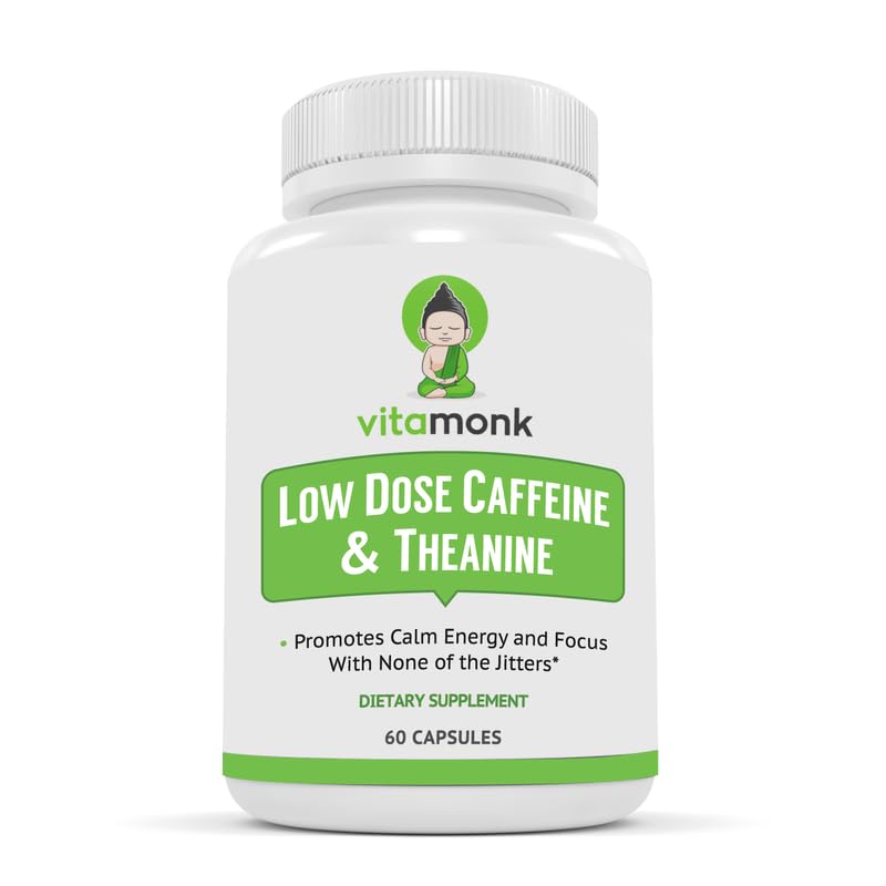 VitaMonk Low Dose Caffeine and Theanine - L Theanine Caffeine Pills - Microdose of L-theanine Caffeine Capsules - Time Release Caffeine Supplements - Caffeine L Theanine Pills - No Jitters - 60 Caps