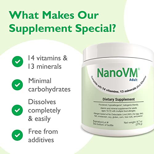 NanoVM Adult, Allergen-Free Vitamin Supplements, Women and Mens Multivitamins with 13 Vitamins & 13 Minerals, Unflavored Multivitamin Powder, Low-Carb Adult Multivitamins, 275g - Solace Nutrition