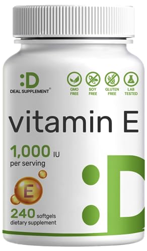 DEAL SUPPLEMENT Vitamin E Supplements, 1,000 IU Per Serving, 240 Softgels – Extra Strength Antioxidant Protection – Bioavailable Stable Form – Skin, Heart, Brain, & Immune Support – Non-GMO