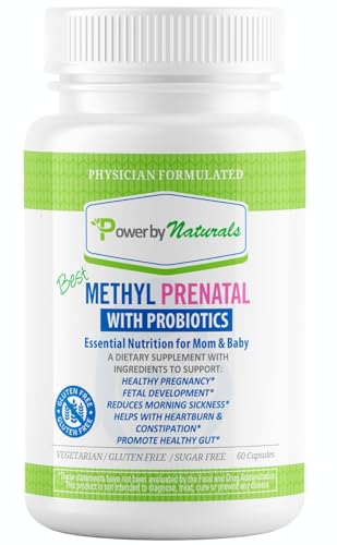 Power By Naturals Methyl Prenatal Vitamins with Probiotics, Methylfolate, B12, Iron & Ginger - 27+ Nutrients for a Healthy Pregnancy - 60 Capsules