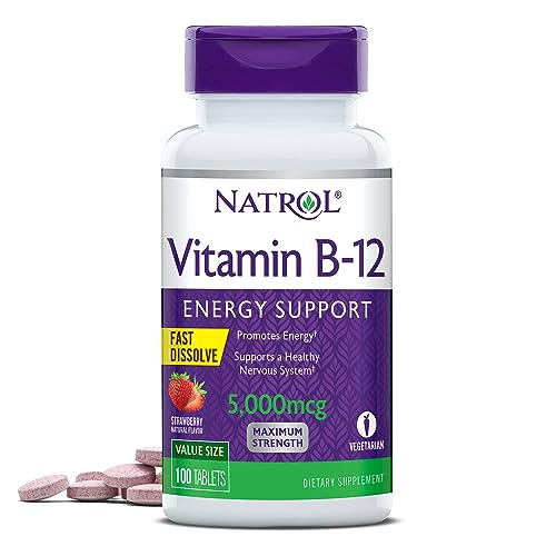 Natrol Vitamin B-12 5000mcg, Dietary Supplement for Energy and Healthy Nervous System Support, 100 Strawberry-Flavored Fast Dissolve Tablets, 100 Day Supply