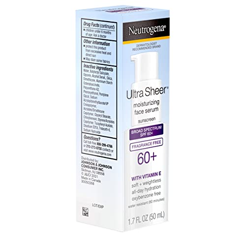 Neutrogena Ultra Sheer Moisturizing Face Serum with Vitamin E & SPF 60+, All Day Facial Sunscreen Serum with Broad Spectrum UVA/UVB Protection, Fragrance-Free, Oxybenzone-Free, 1.7 oz