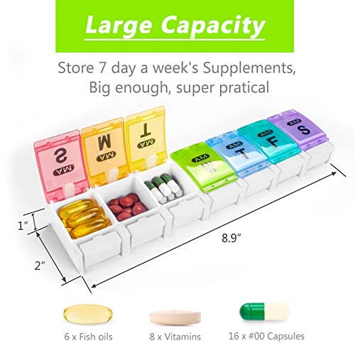 Weekly Pill Organizer 2 Times a Day - Remtise Am/Pm Daily Pill Case Medicine Organizer, Push Button 7 Day Pill Box for Pills/Vitamin/Cod Liver Oil/Supplements (Rainbow)