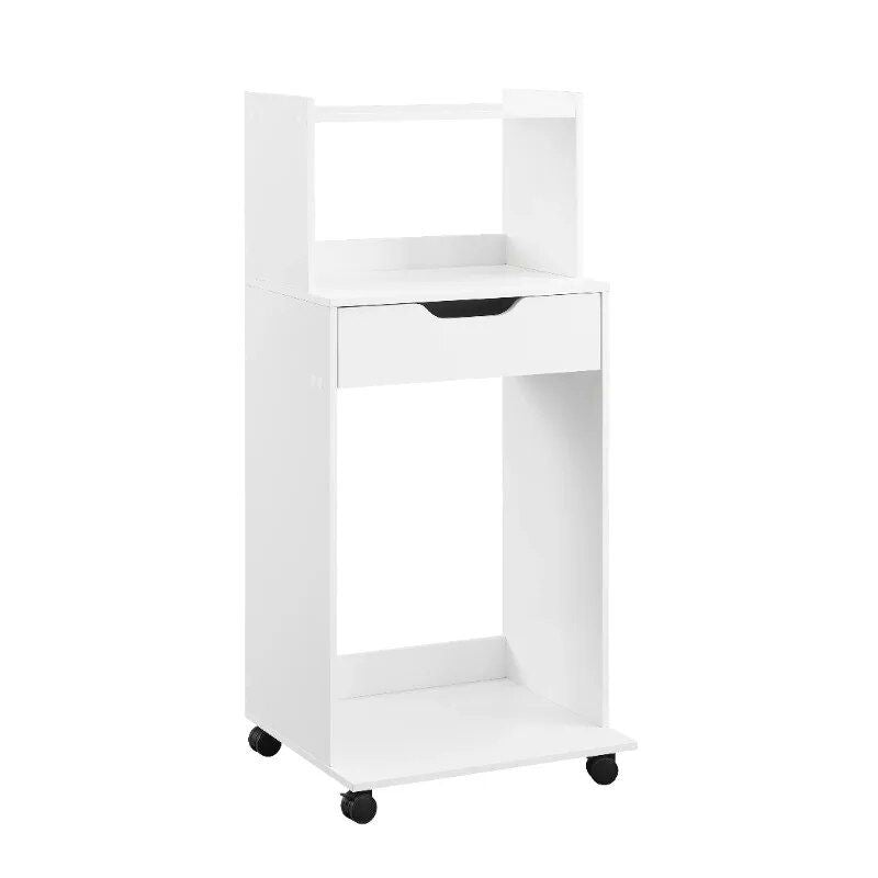 Compact White Kitchen Cart with Microwave & Mini Fridge Storage