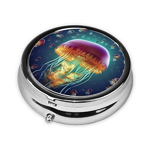 Round Pill Box Life Jellyfish Cute Small Pill Case 3 Compartment Pillbox for Purse Pocket Portable Pill Container Holder to Hold Vitamins Medication Fish Oil and Supplements